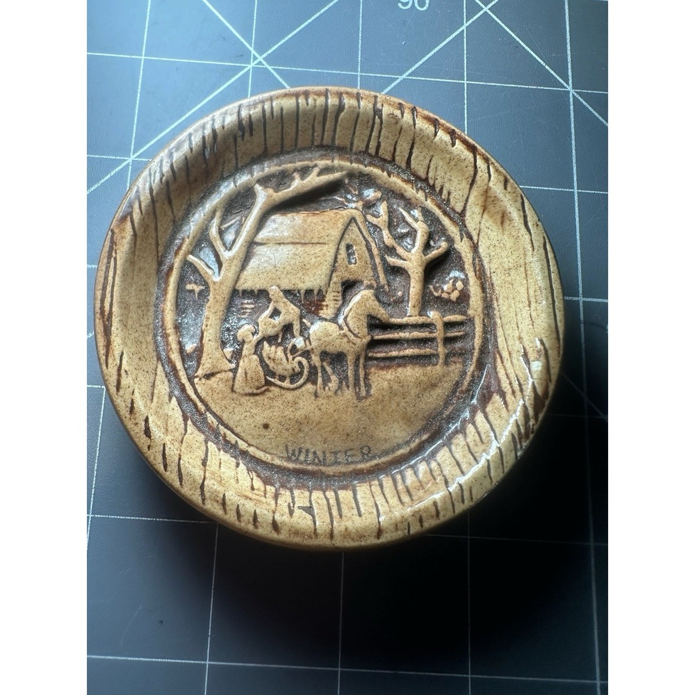 Vintage 1984 Studio Pottery Winter Horse Barn Trinket Dish Signed LF Handmade